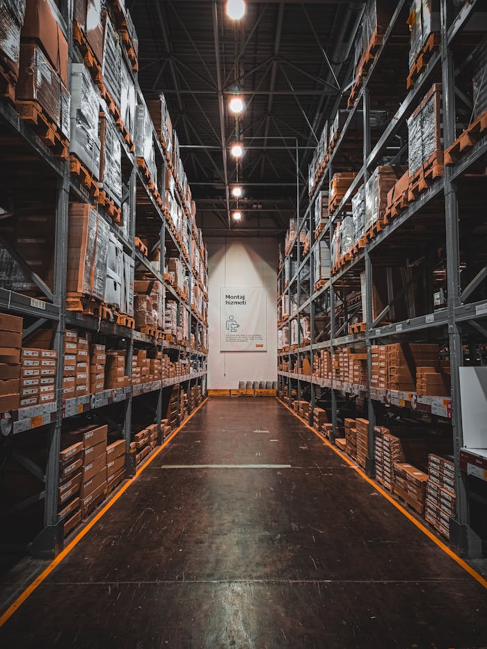 A well-organized warehouse aisle with stacks of goods on industrial storage racks, ensuring efficient logistics.